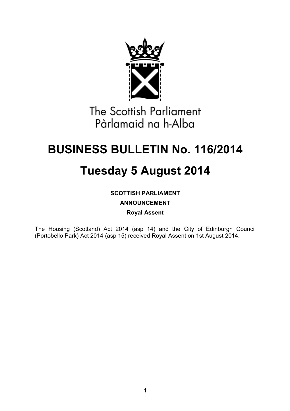 BUSINESS BULLETIN No. 116/2014 Tuesday 5 August 2014