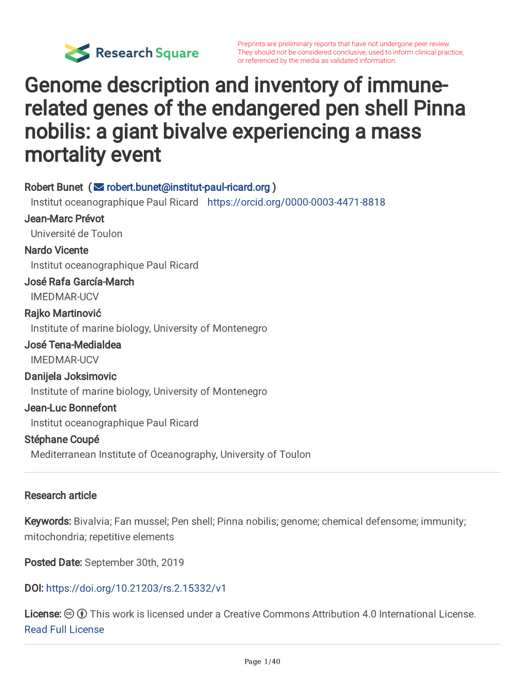 Genome Description and Inventory of Immune-Related Genes of the Endangered Pen Shell Pinna Nobilis