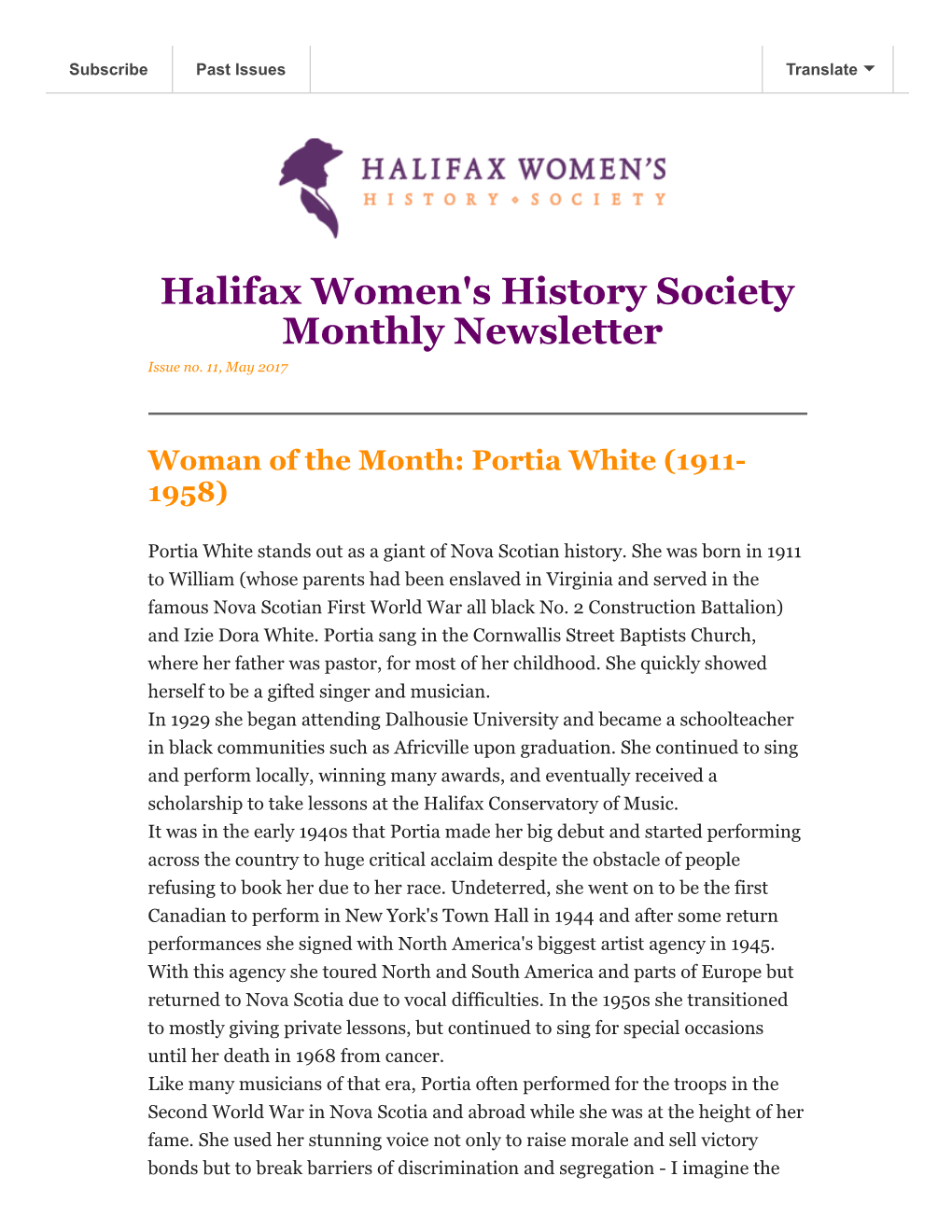 Halifax Women's History Society Monthly Newsletter Issue No