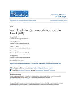 Agricultural Lime Recommendations Based on Lime Quality Greg Schwab University of Kentucky, Gjschw2@Uky.Edu