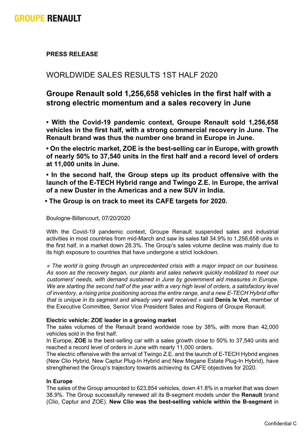 WORLDWIDE SALES RESULTS 1ST HALF 2020 Groupe Renault Sold