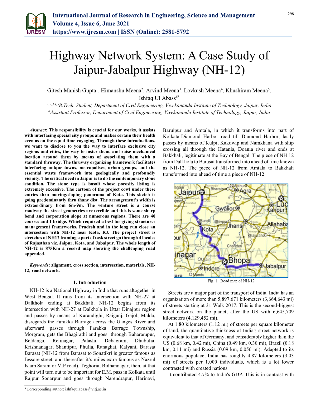 A Case Study of Jaipur-Jabalpur Highway (NH-12)