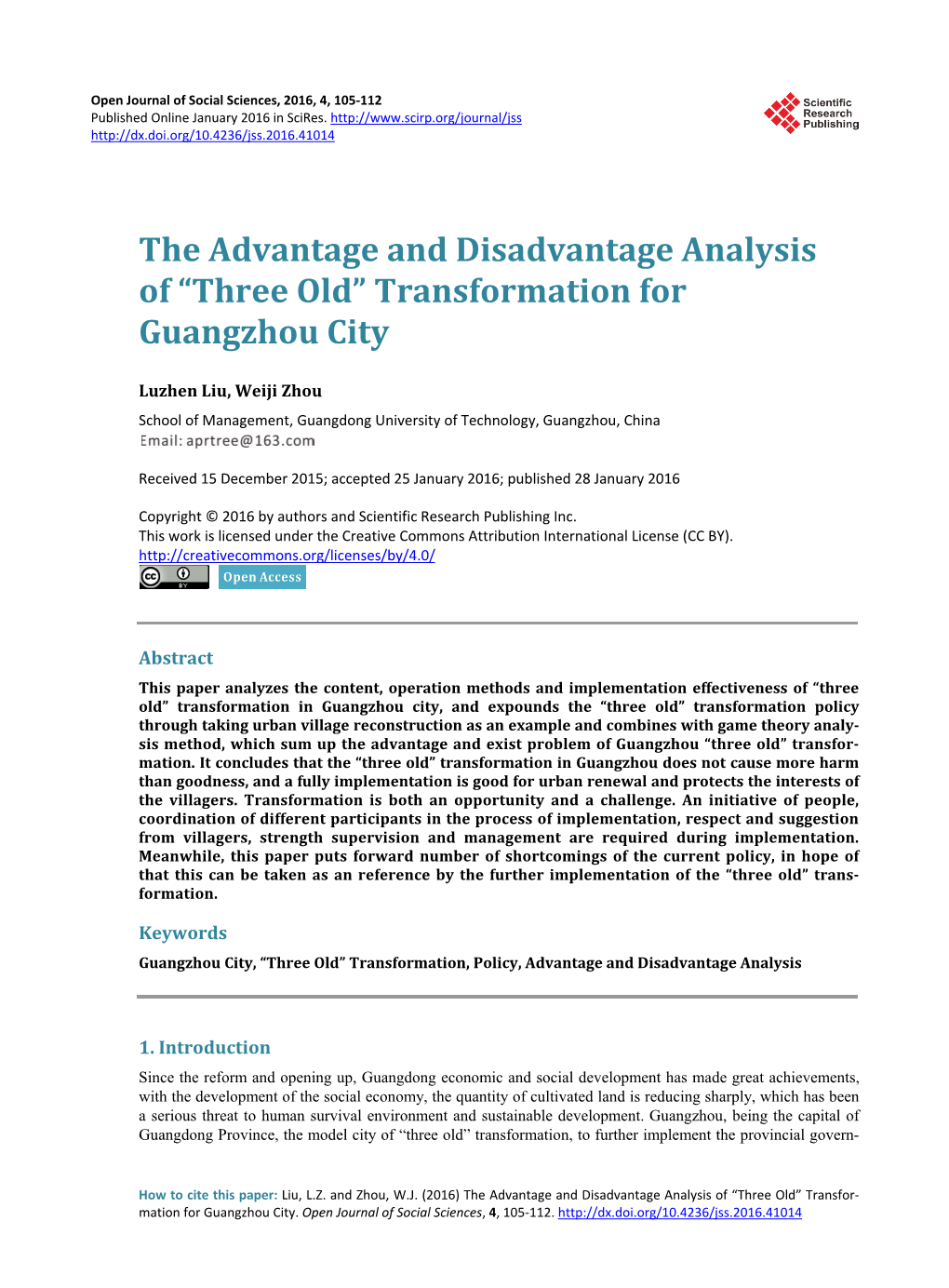 The Advantage and Disadvantage Analysis of “Three Old” Transformation for Guangzhou City