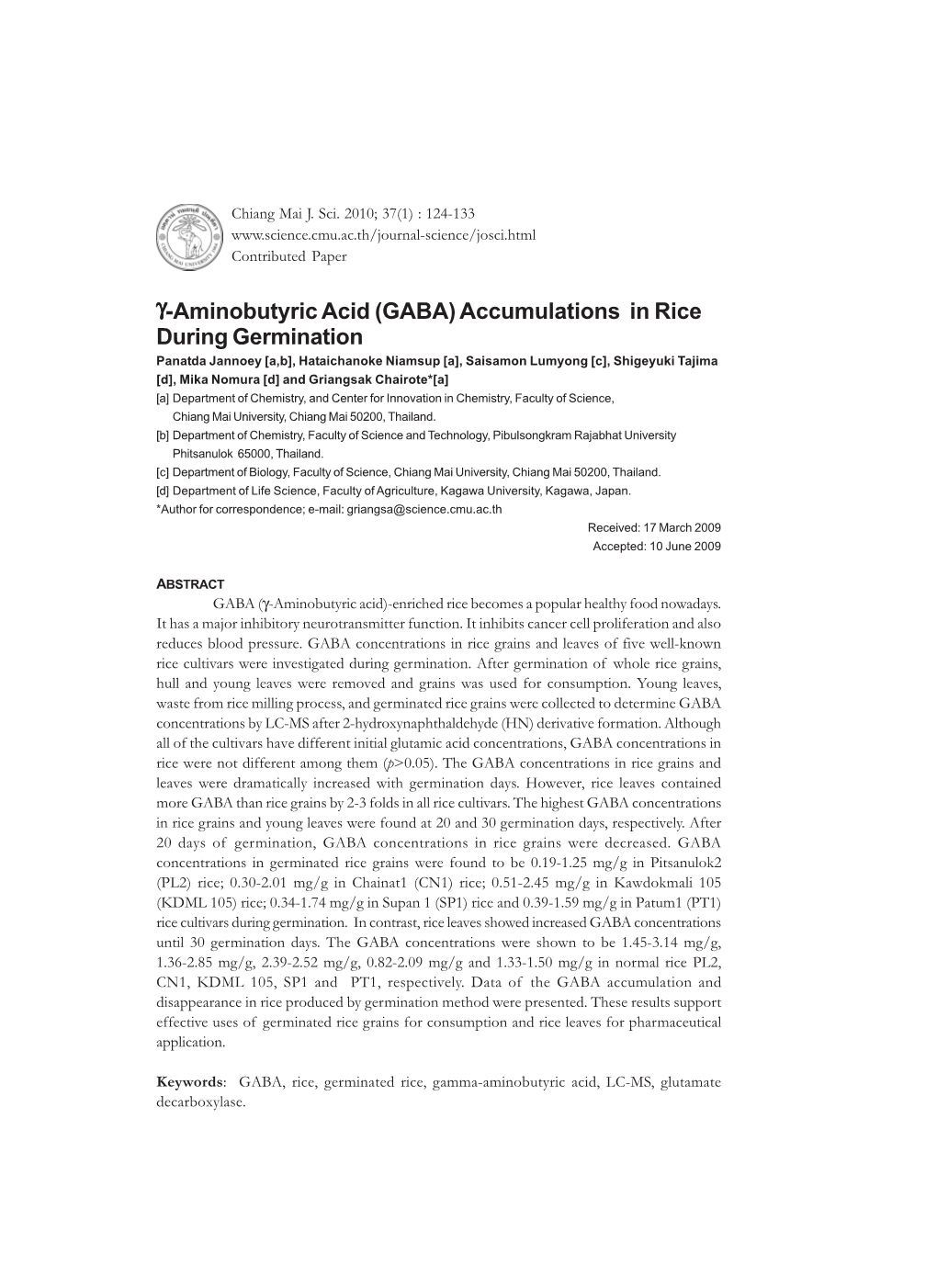 Γ-Aminobutyric Acid (GABA) Accumulations in Rice During