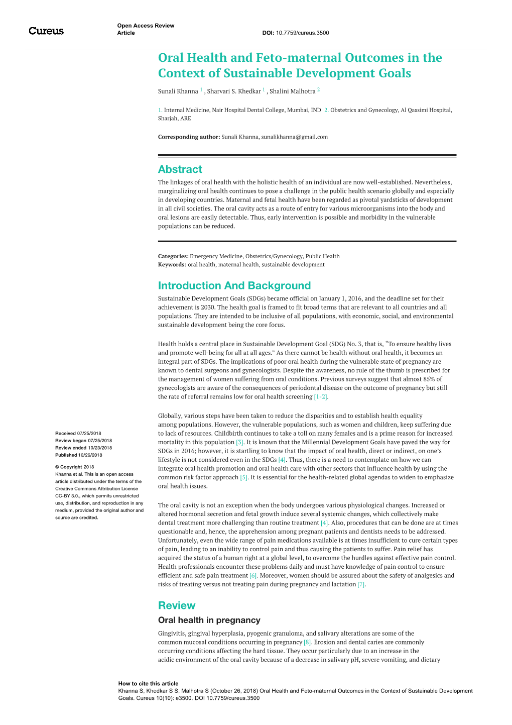 Oral Health and Feto-Maternal Outcomes in the Context of Sustainable Development Goals