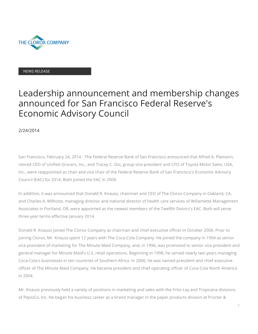 Leadership Announcement and Membership Changes Announced for San Francisco Federal Reserve's Economic Advisory Council