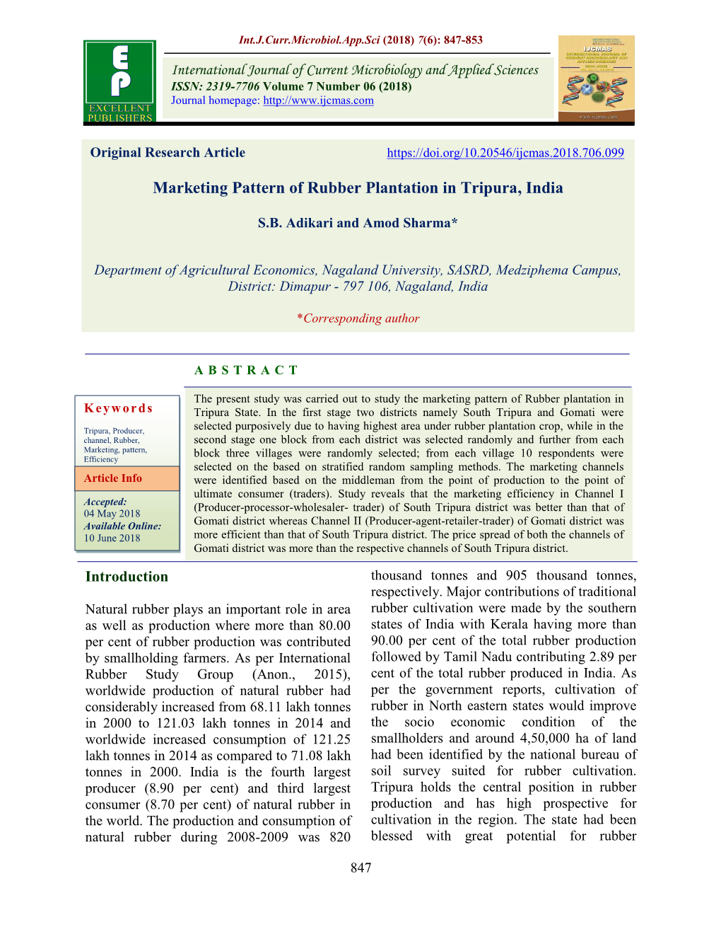 Marketing Pattern of Rubber Plantation in Tripura, India