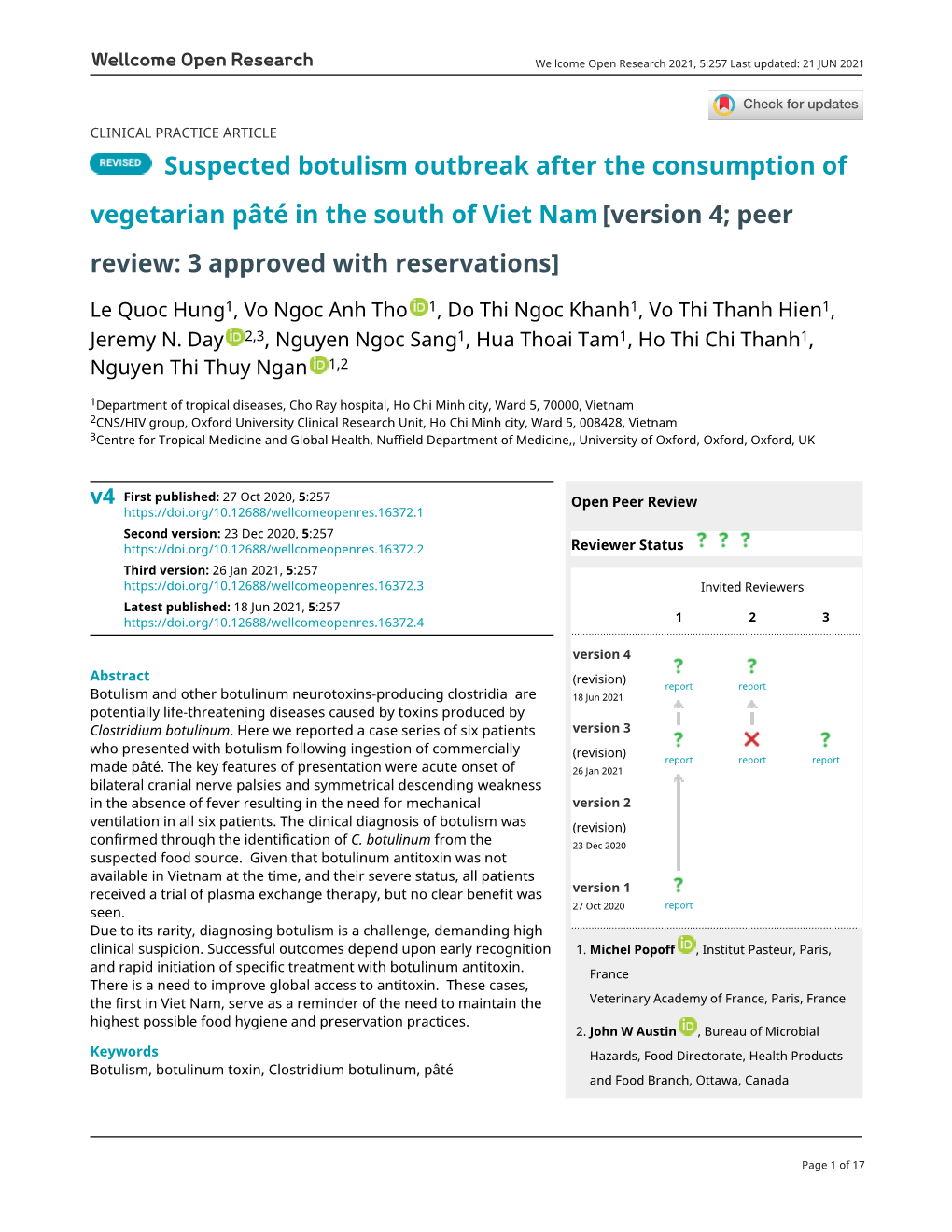 Suspected Botulism Outbreak After the Consumption of Vegetarian Pâté in the South of Viet Nam [Version 4; Peer Review: 3 Approved with Reservations]