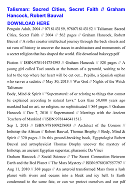Talisman: Sacred Cities, Secret Faith // Graham Hancock, Robert Bauval