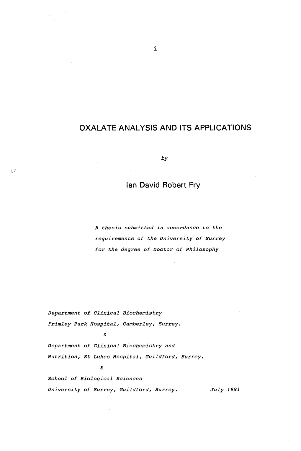 OXALATE ANALYSIS and ITS APPLICATIONS Ian David Robert