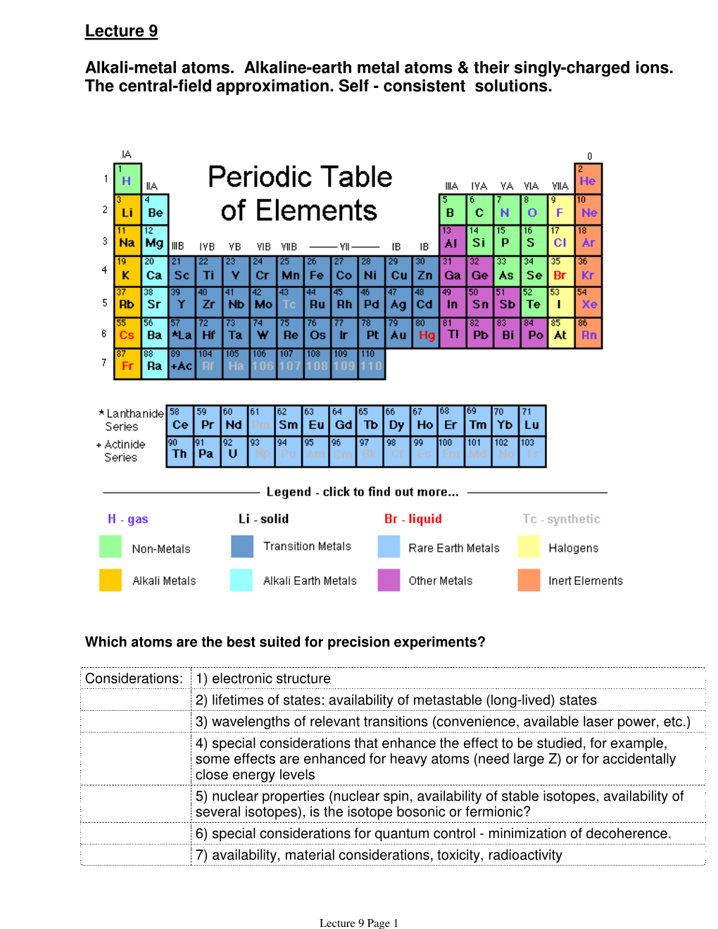 Lecture 9 Alkali-Metal Atoms. Alkaline-Earth Metal Atoms & Their