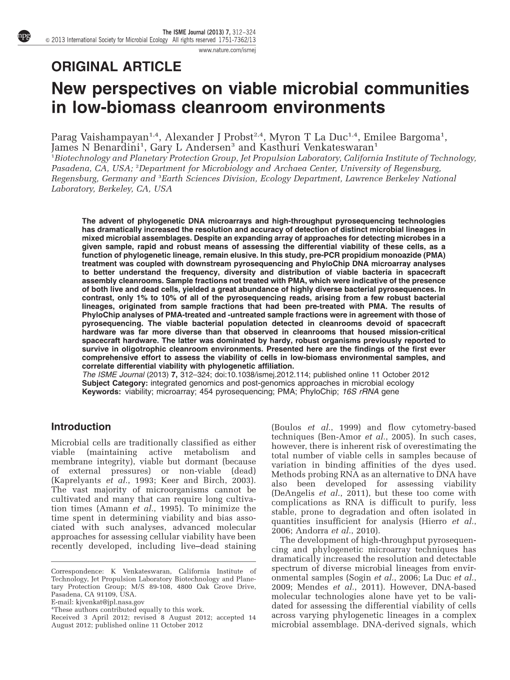 New Perspectives on Viable Microbial Communities in Low-Biomass Cleanroom Environments