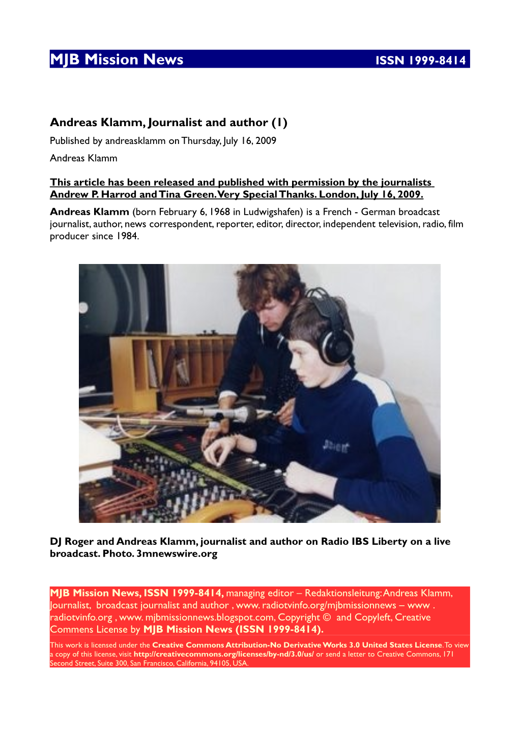 MJB Mission News, ISSN 1999-8414, Managing Editor – Redaktionsleitung: Andreas Klamm, Journalist, Broadcast Journalist and Author , Www