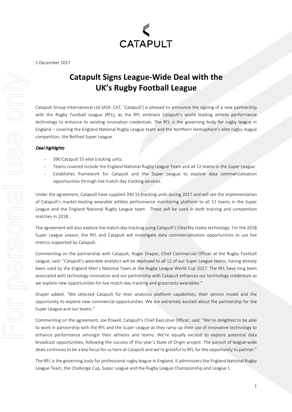 Catapult Signs League-Wide Deal with the UK's Rugby Football League