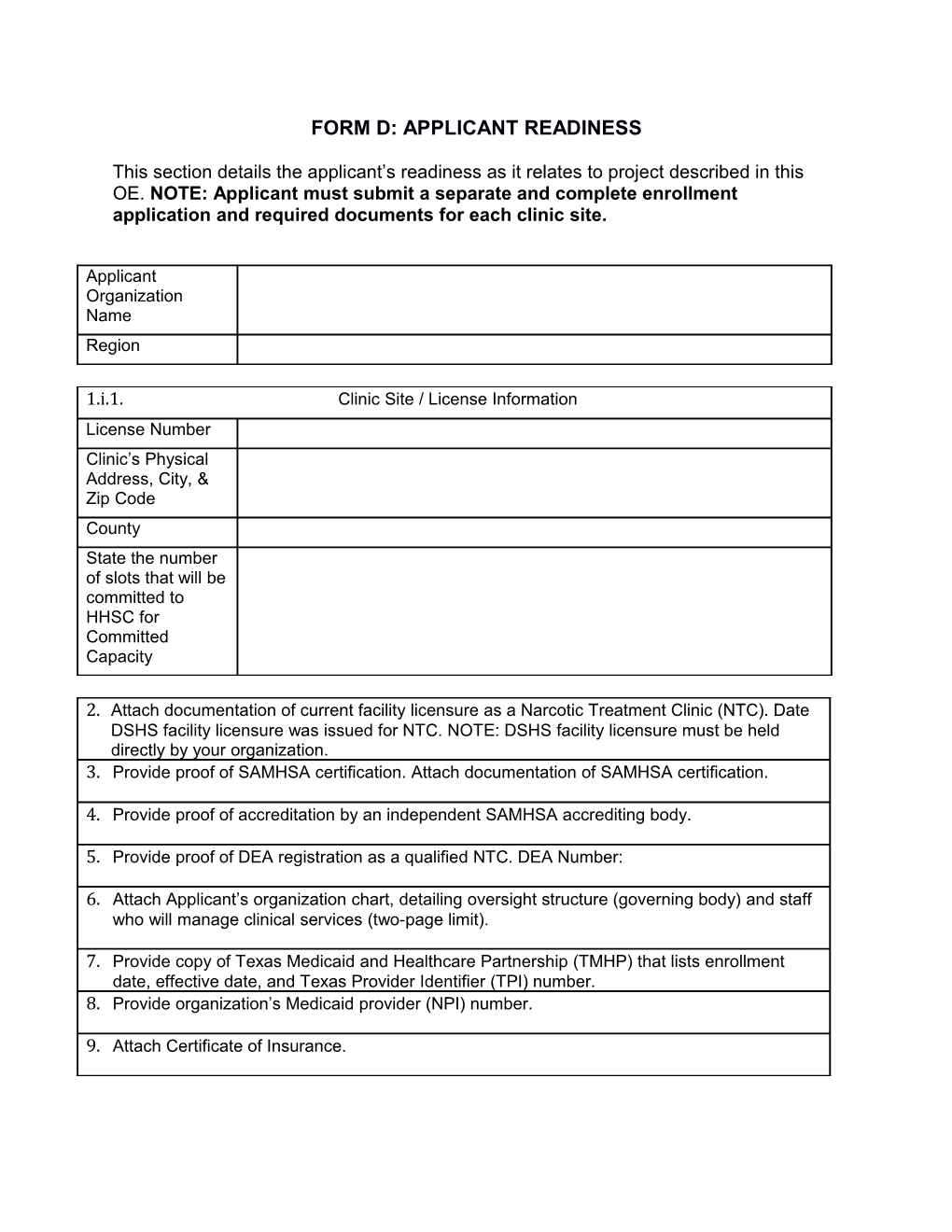 Form D: Applicant Readiness