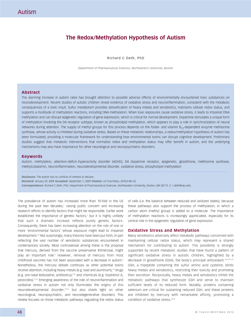 The Redox/Methylation Hypothesis of Autism by Richard C. Deth