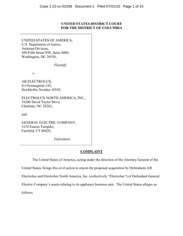 Complaint : U. S. V. AB Electrolux, Et