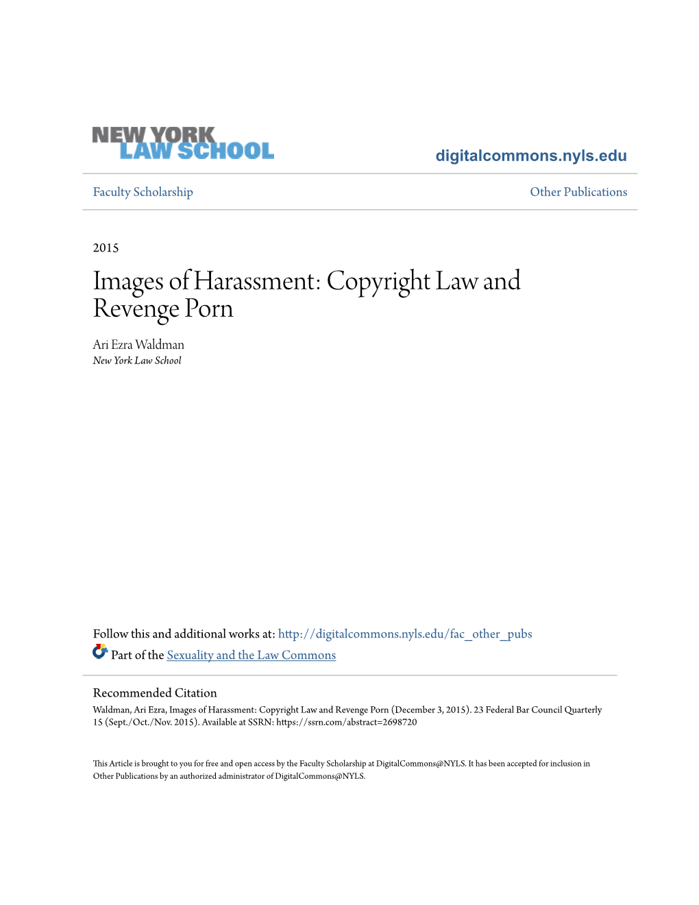 Copyright Law and Revenge Porn Ari Ezra Waldman New York Law School