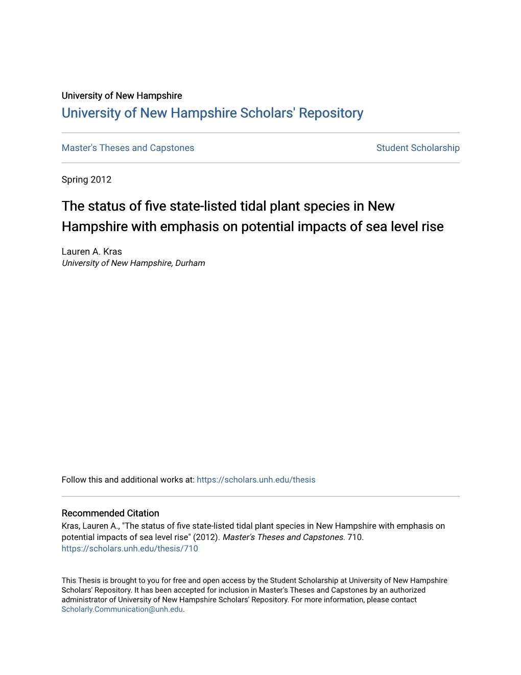 The Status of Five State-Listed Tidal Plant Species in New Hampshire with Emphasis on Potential Impacts of Sea Level Rise