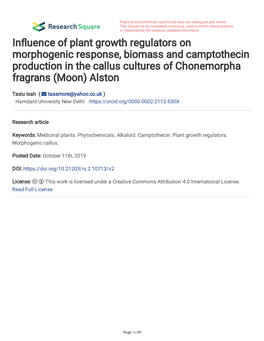 Influence of Plant Growth Regulators on Morphogenic Response, Biomass