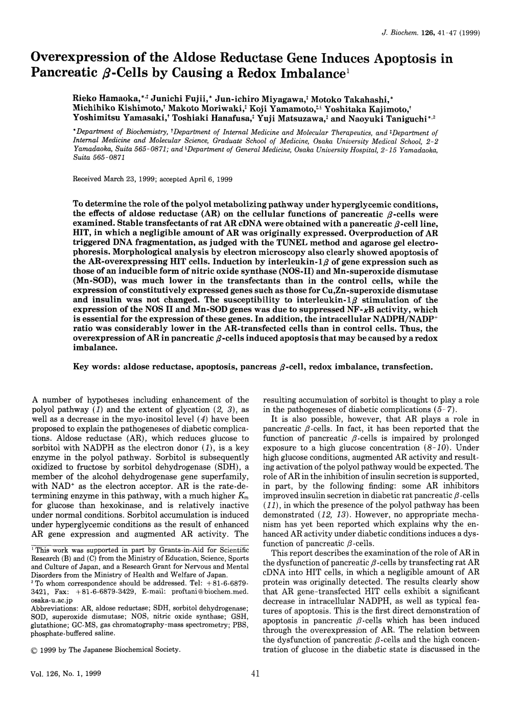 Overexpression of the Aldose Reductase Gene Induces Apoptosis in Pancreatic 8-Cells by Causing a Redox Imbalance1