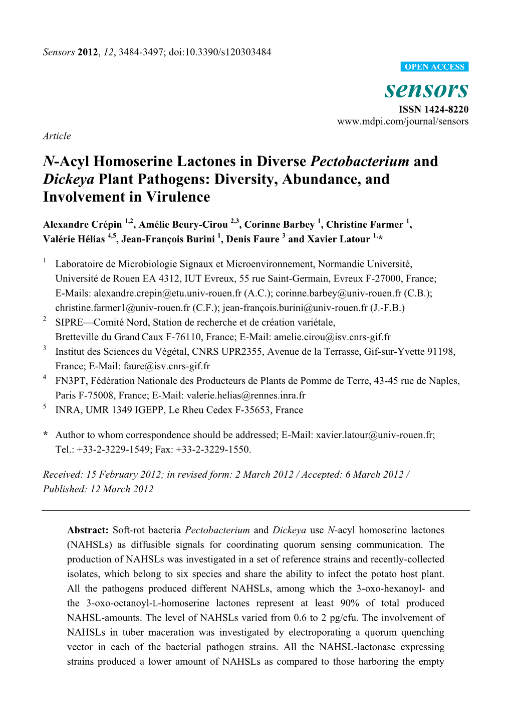 N-Acyl Homoserine Lactones in Diverse Pectobacterium and Dickeya Plant Pathogens: Diversity, Abundance, and Involvement in Virulence