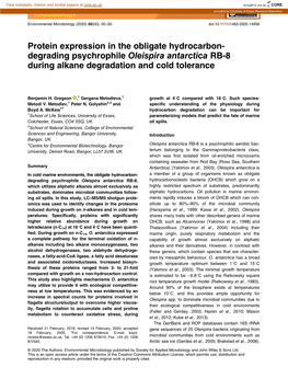 Protein Expression in the Obligate Hydrocarbon‐Degrading Psychrophile Oleispira Antarctica RB‐8 During Alkane Degradation An