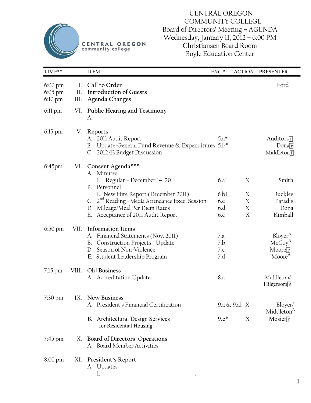 CENTRAL OREGON COMMUNITY COLLEGE Board of Directors’ Meeting – AGENDA Wednesday, January 11, 2012 – 6:00 PM Christiansen Board Room Boyle Education Center