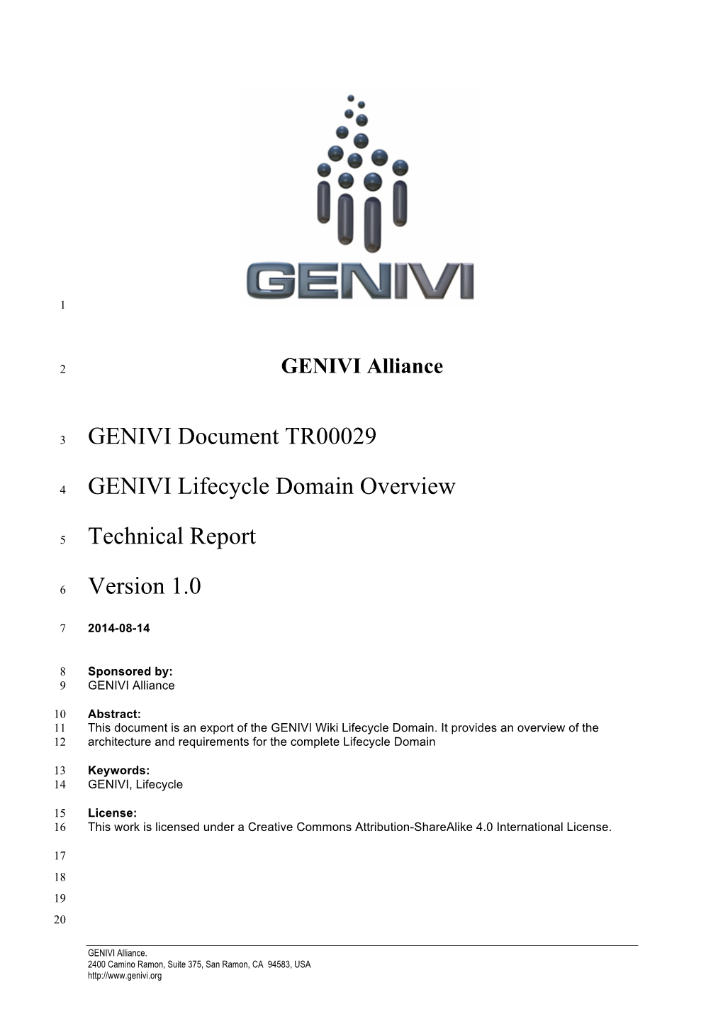 GENIVI Document TR00029 GENIVI Lifecycle Domain Overview Technical Report Version