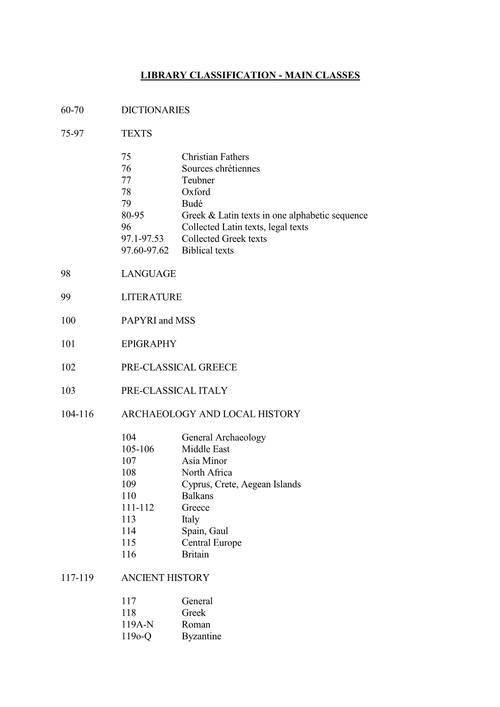 Library Classification - Main Classes