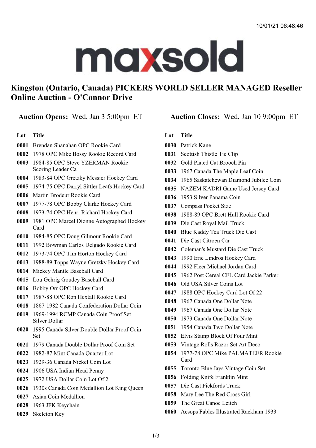 Kingston (Ontario, Canada) PICKERS WORLD SELLER MANAGED Reseller Online Auction - O'connor Drive