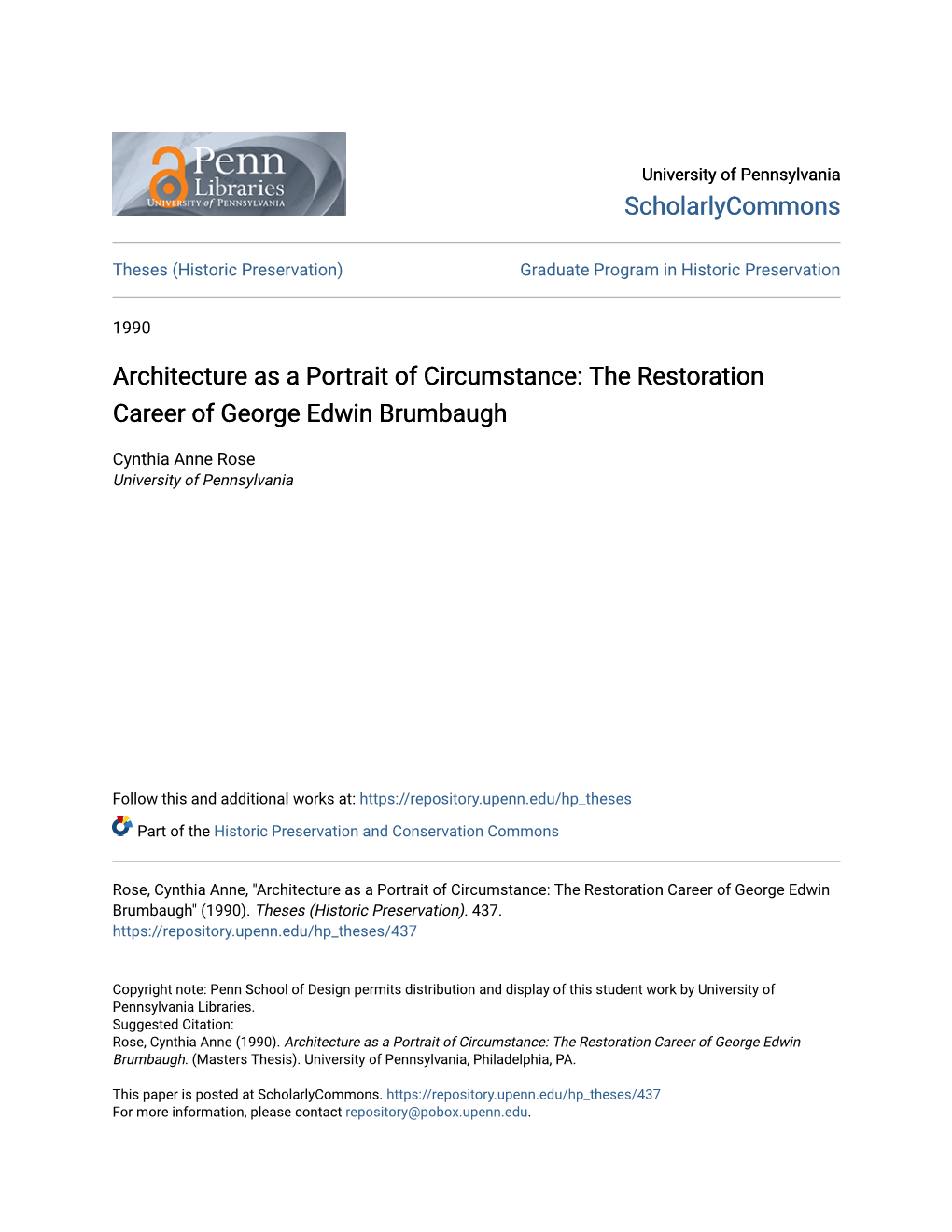 Architecture As a Portrait of Circumstance: the Restoration Career of George Edwin Brumbaugh