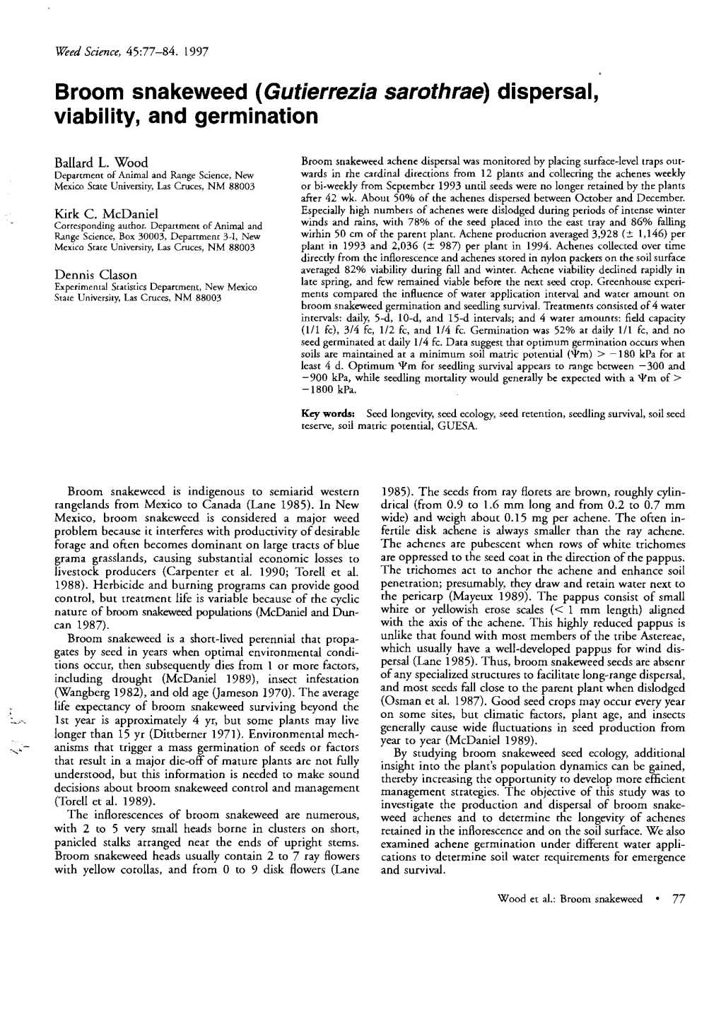 Gutierrezia Sarothrae) Dispersal, Viability, and Germination