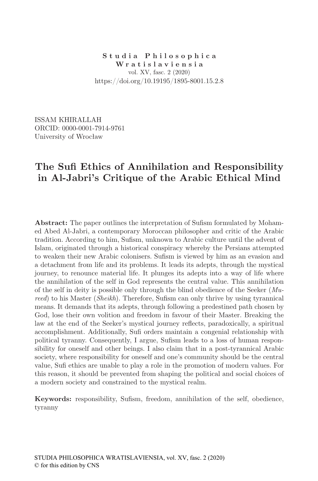The Sufi Ethics of Annihilation and Responsibility in Al-Jabri's Critique of the Arabic Ethical Mind