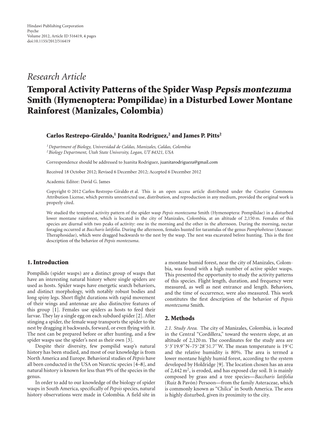 Temporal Activity Patterns of the Spider Wasp Pepsis Montezuma Smith (Hymenoptera: Pompilidae) in a Disturbed Lower Montane Rainforest (Manizales, Colombia)