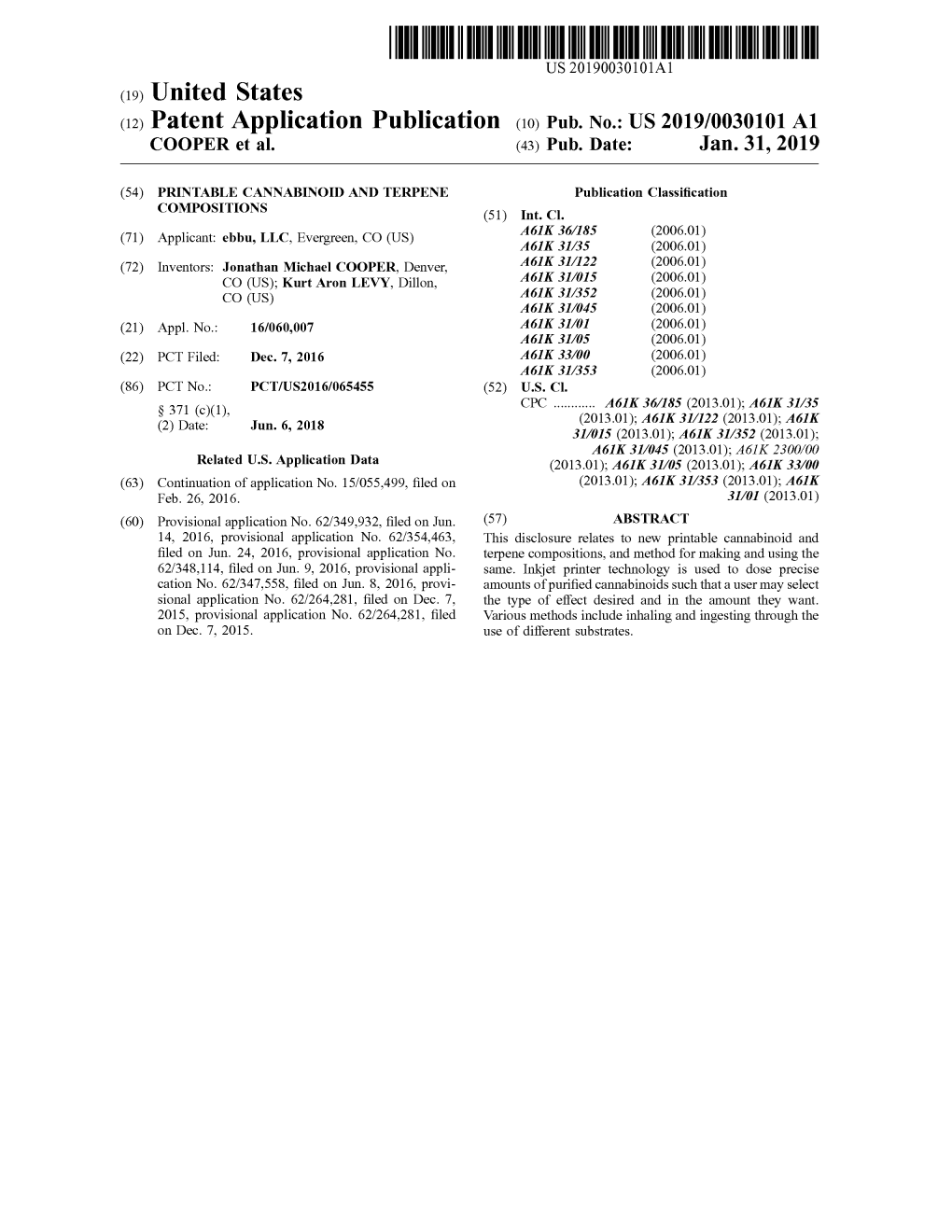 US 2019 / 0030101 A1 COOPER Et Al