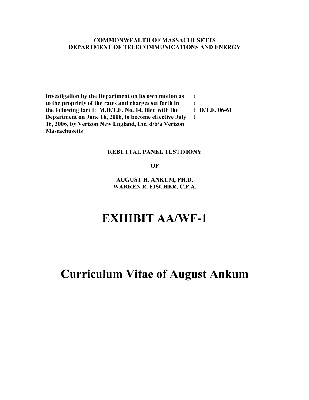 EXHIBIT AA/WF-1 Curriculum Vitae of August Ankum