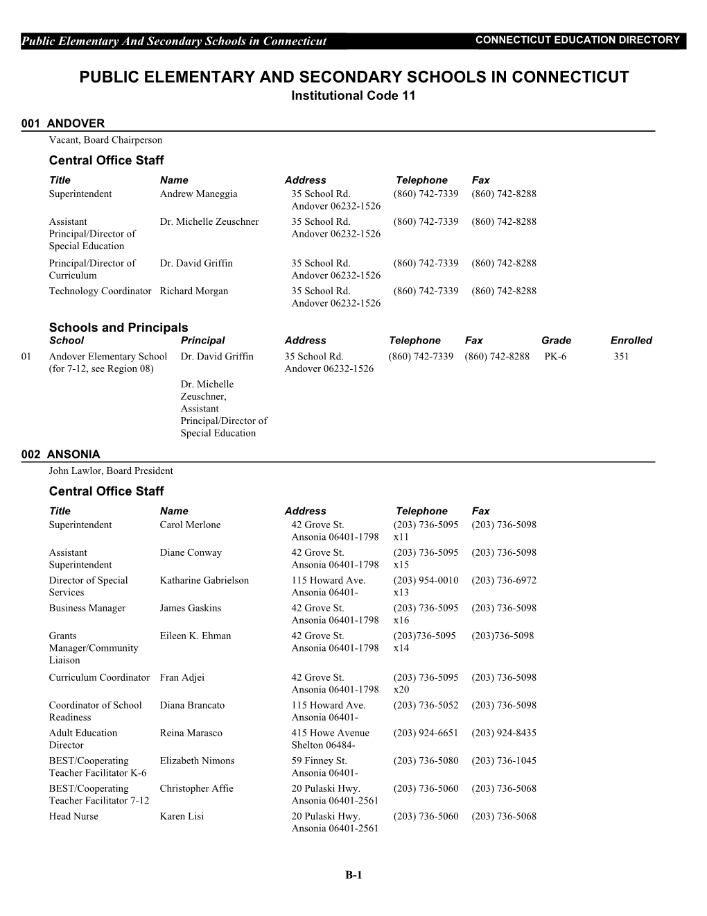 Public Elementary and Secondary Schools in Connecticut CONNECTICUT EDUCATION DIRECTORY