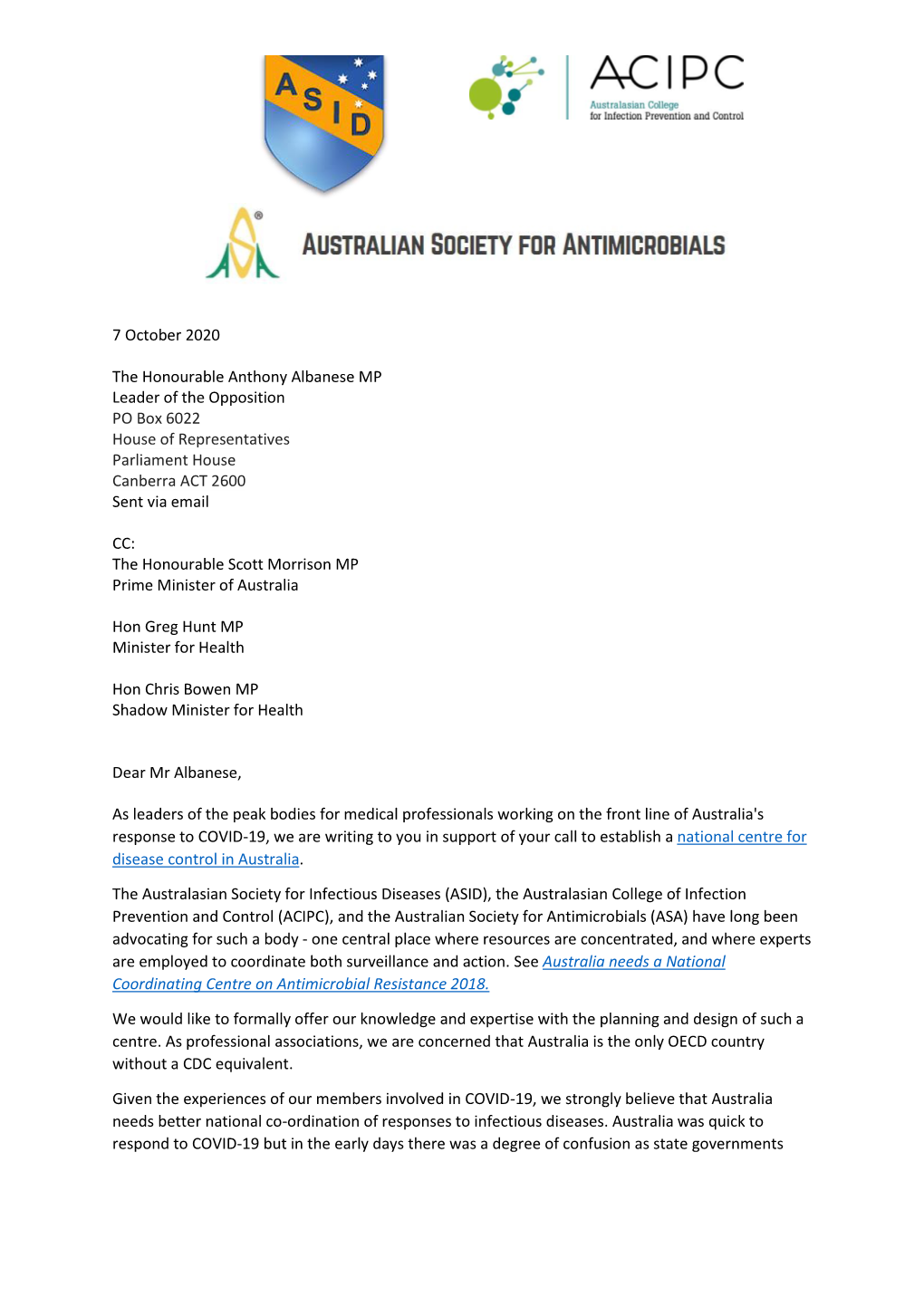 7 October 2020 the Honourable Anthony Albanese MP Leader of the Opposition PO Box 6022 House of Representatives Parliament Hous