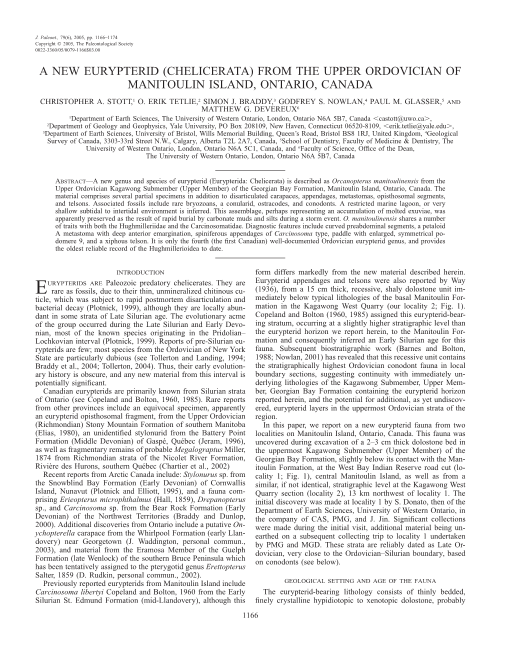 A New Eurypterid (Chelicerata) from the Upper Ordovician of Manitoulin Island, Ontario, Canada