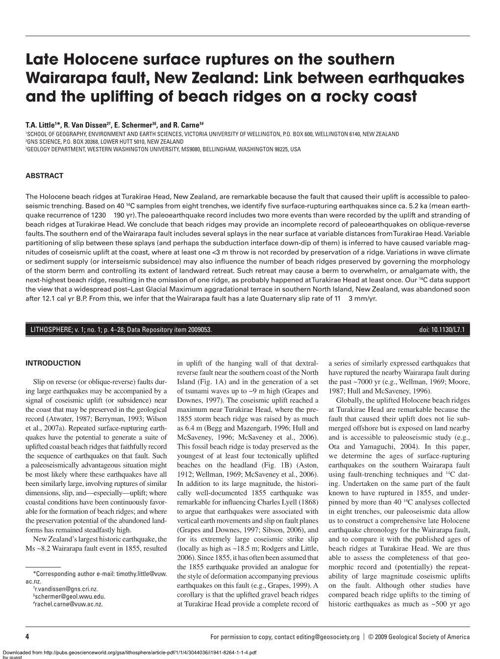 Late Holocene Surface Ruptures on the Southern Wairarapa Fault, New Zealand: Link Between Earthquakes and the Uplifting of Beach Ridges on a Rocky Coast