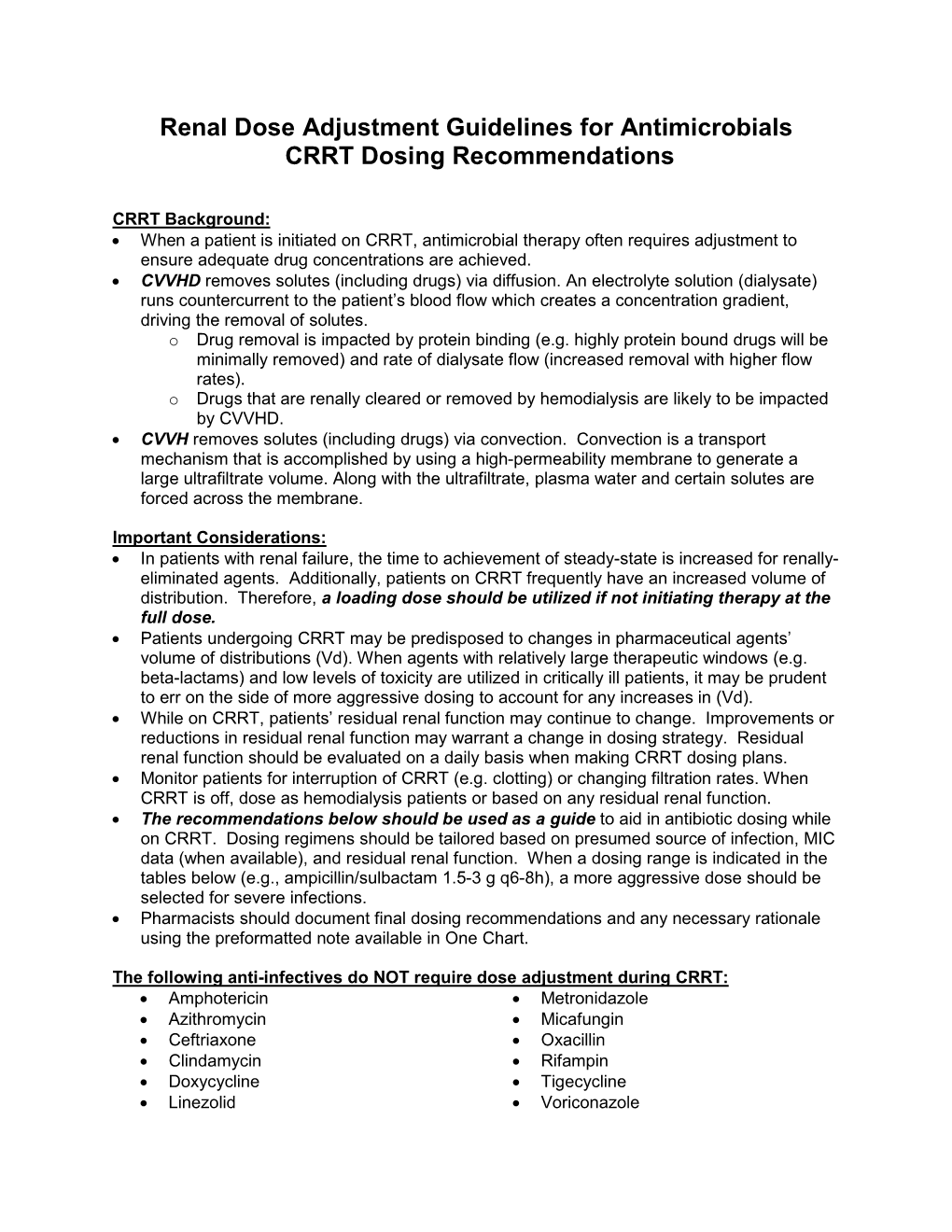 Renal Dose Adjustment Guidelines for Antimicrobials CRRT Dosing Recommendations