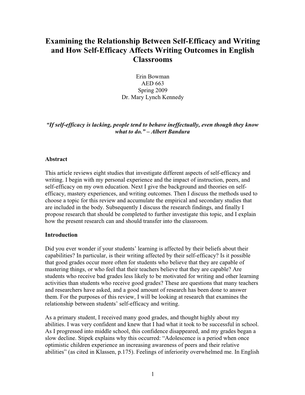 Examining the Relationships Between Self-Efficacy and Writing Outcomes As Well As the Impact