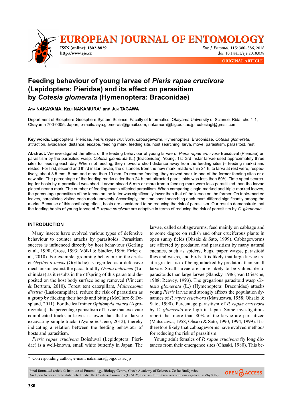 Feeding Behaviour of Young Larvae of Pieris Rapae Crucivora (Lepidoptera: Pieridae) and Its Effect on Parasitism by Cotesia Glomerata (Hymenoptera: Braconidae)