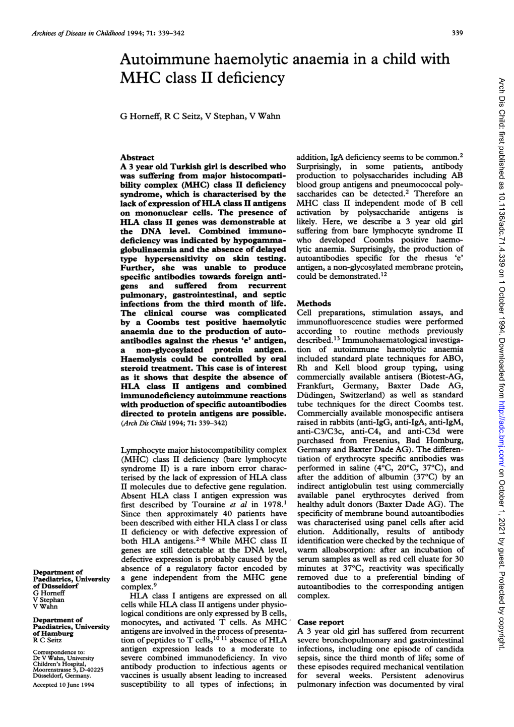 Autoimmune Haemolytic Anaemia in a Child with MHC Class II Deficiency 341