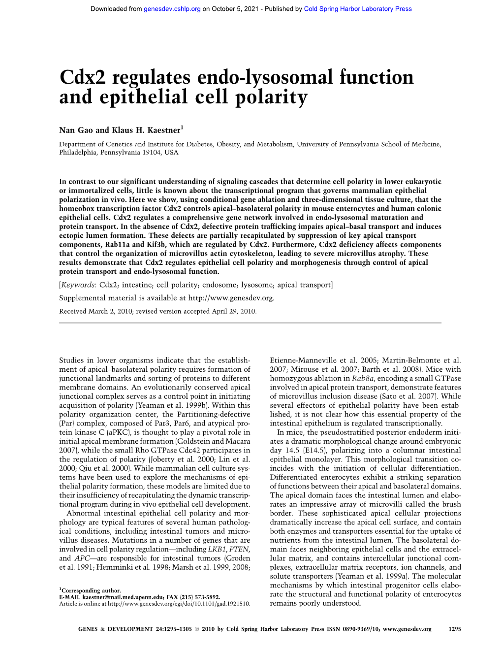 Cdx2 Regulates Endo-Lysosomal Function and Epithelial Cell Polarity