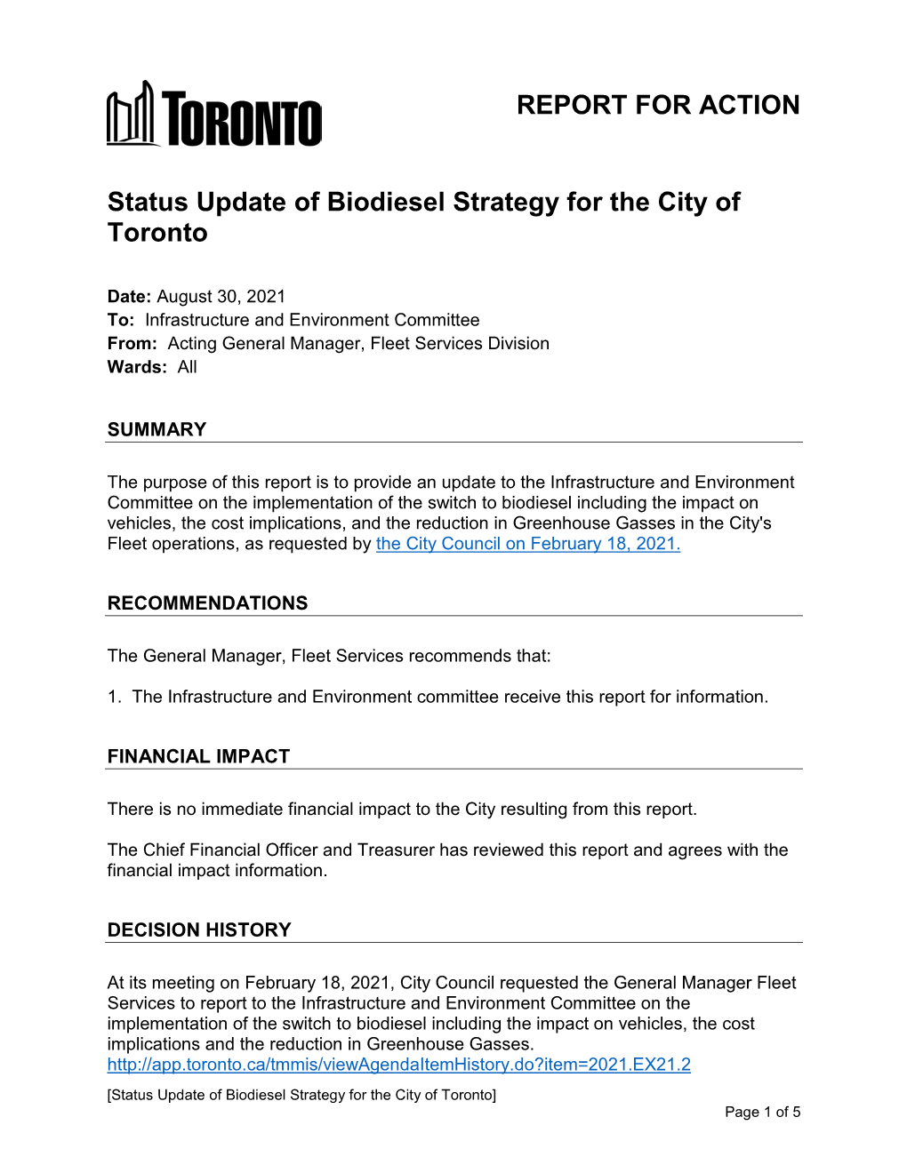 Status Update of Biodiesel Strategy for the City of Toronto