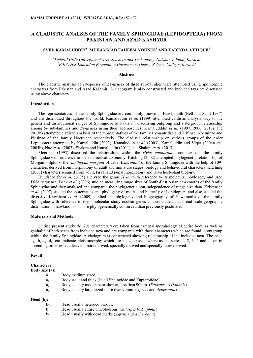 A Cladistic Analsis of the Family Sphingidae (Lepidoptera) from Pakistan and Azad Kashmir