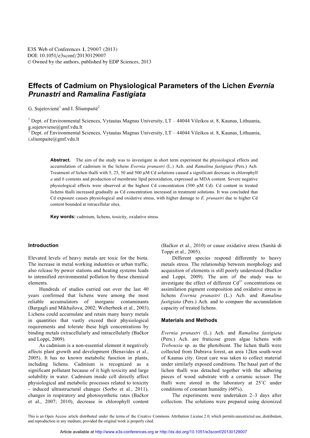 Effects of Cadmium on Physiological Parameters of the Lichen Evernia Prunastri and Ramalina Fastigiata