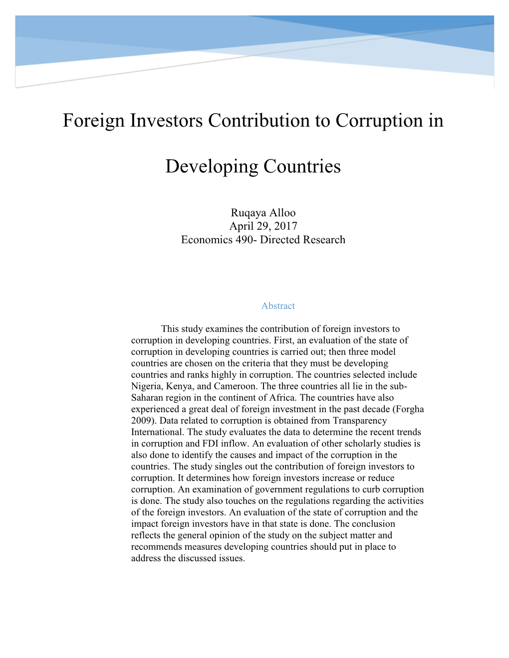 Foreign Investors Contribution to Corruption in Developing Countries